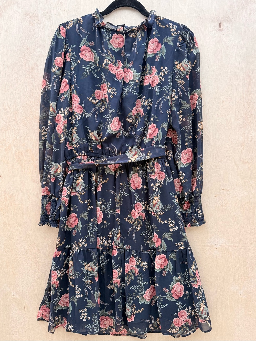 INC International Concepts Navy Floral Long Sleeve Dress Size 16 Boho Tie Waist